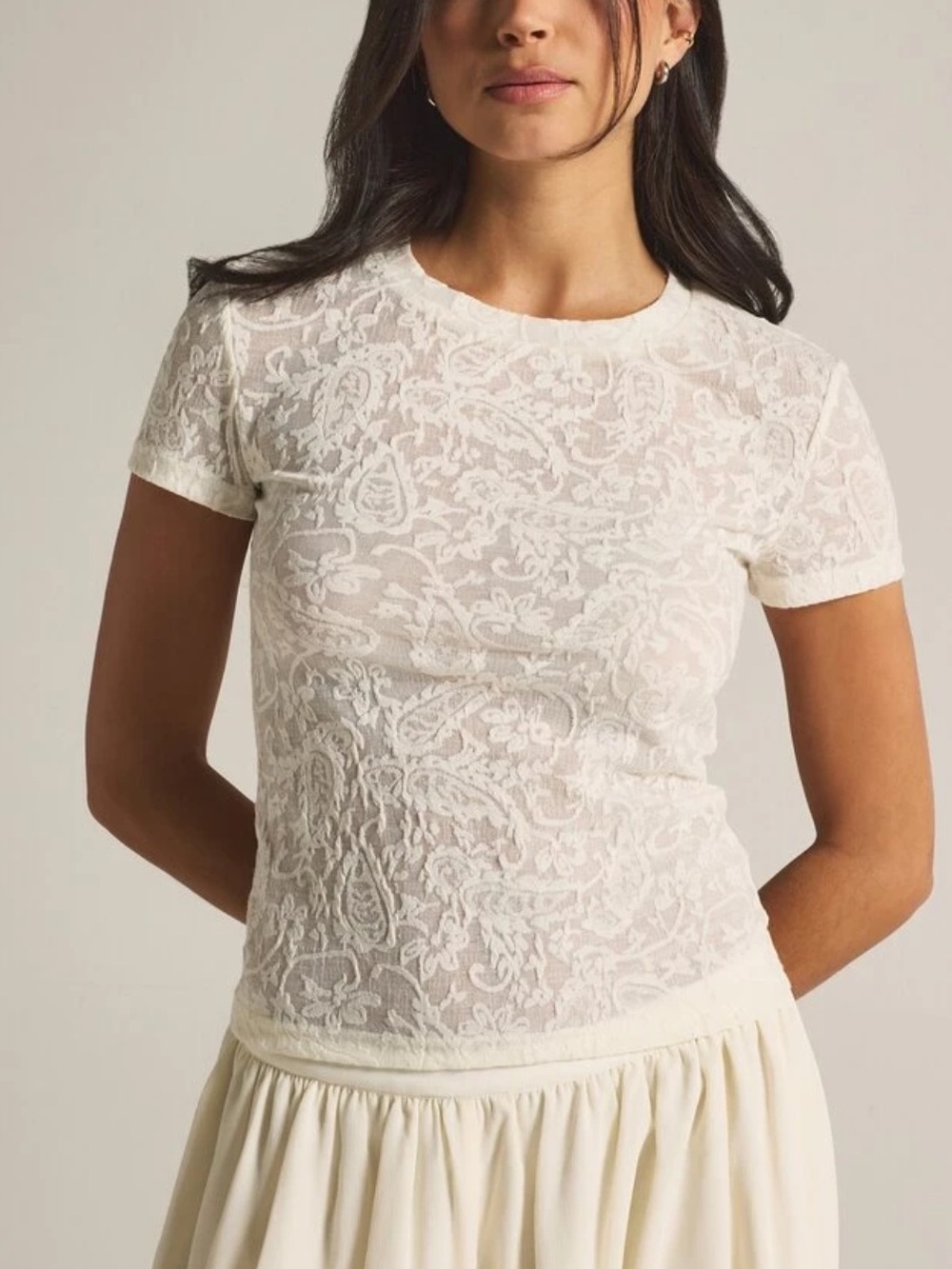 Ivory off white floral embroidery Short-Sleeve stretchy Crewneck Top